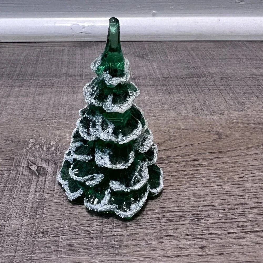 Fenton Art Glass Christmas Tree Figurine Green Frosted Gold Bird Set Of 3 VTG - Picture 11 of 14